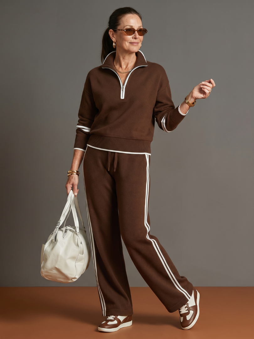 Women's zip neck long sleeve top & wide leg pants co-ord set. Comfortable loungewear fashion.