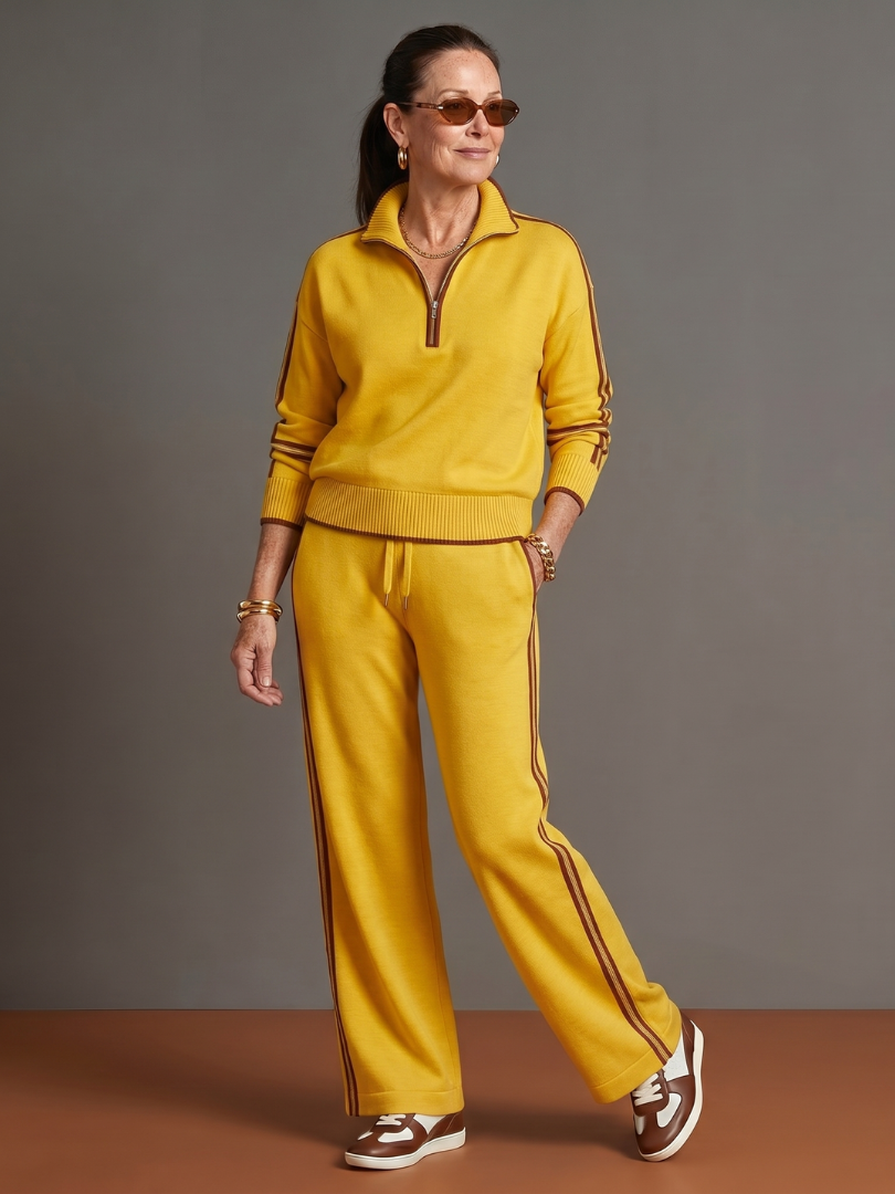 Women's wide leg pants and zip neck long sleeve top set. Ideal for a cozy, stylish look.