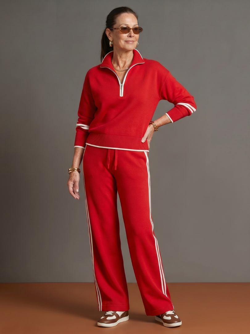 Relaxed fit women's two-piece set: zip neck long sleeve top and comfortable wide leg pants.