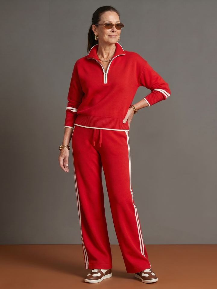 Relaxed fit women's two-piece set: zip neck long sleeve top and comfortable wide leg pants.