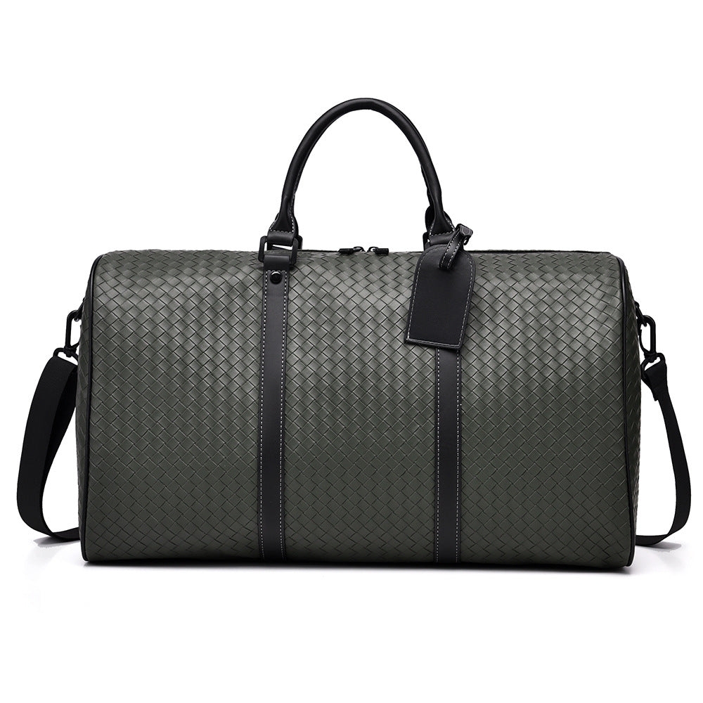 Versatile woven leather duffle bag, ideal for gym, business travel, or a chic weekend trip.