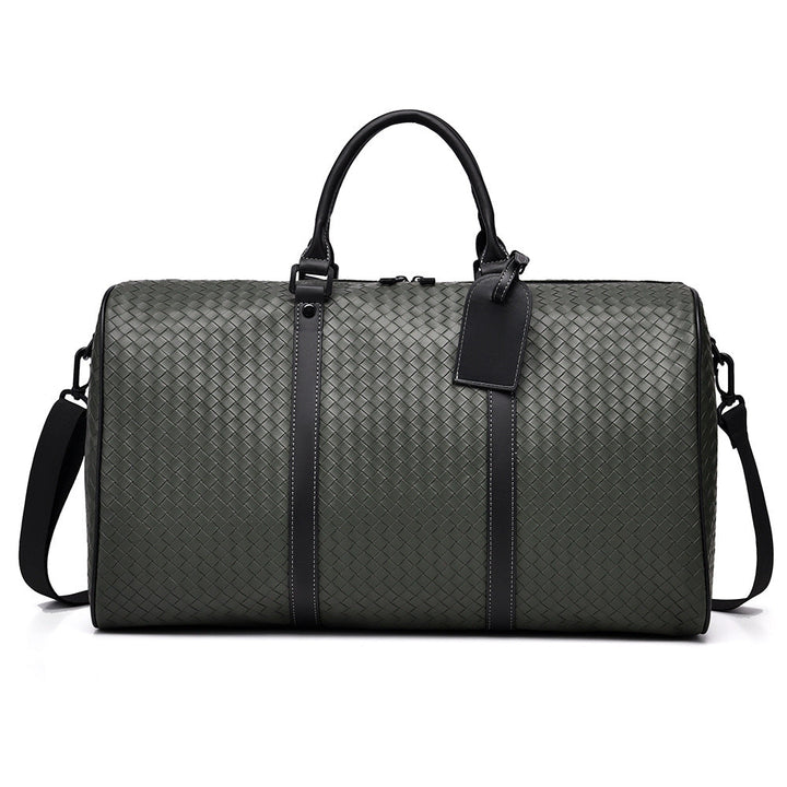 Versatile woven leather duffle bag, ideal for gym, business travel, or a chic weekend trip.