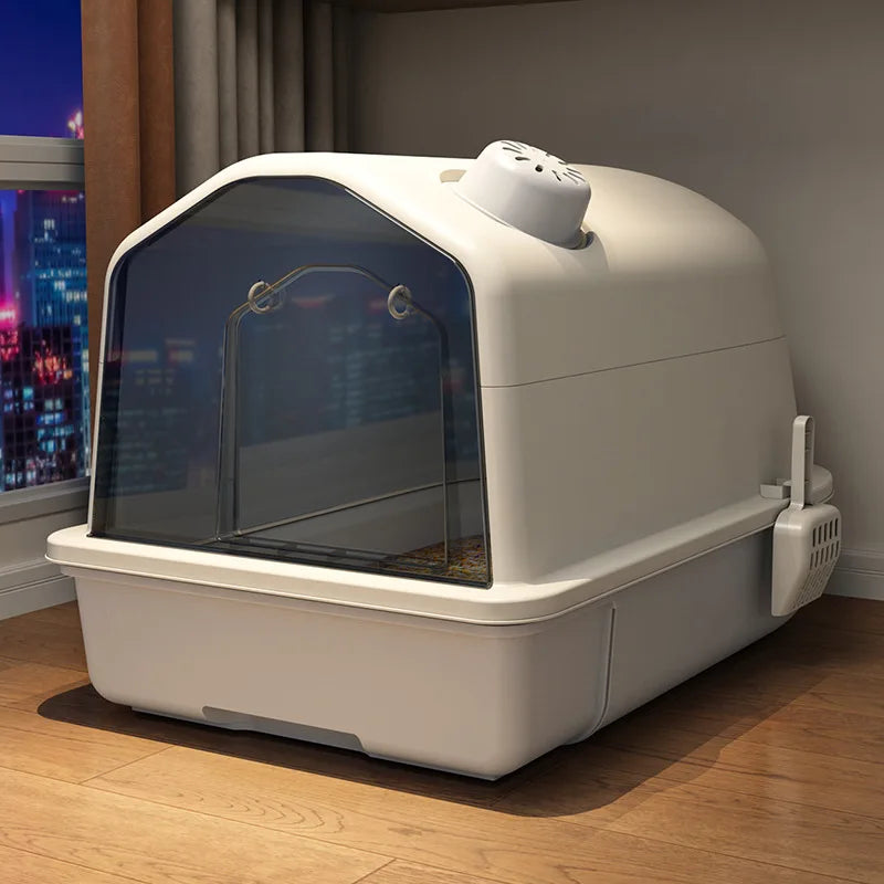 XL enclosed cat litter box in gray, spacious for large cats. Features odor control & anti-splash design for easy hygiene.