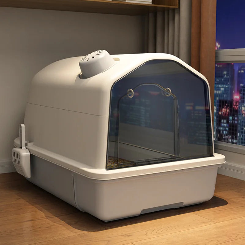 Spacious XL gray cat litter box for large cats. Enclosed for privacy, odor-free, anti-splash, ensuring cat comfort.