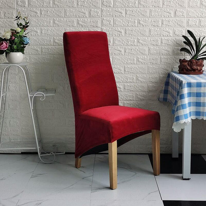 Durable, elastic velvet dining chair protector for large chairs.