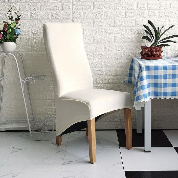 Velvet dining chair protector, XL size, adds elegant touch to kitchen.
