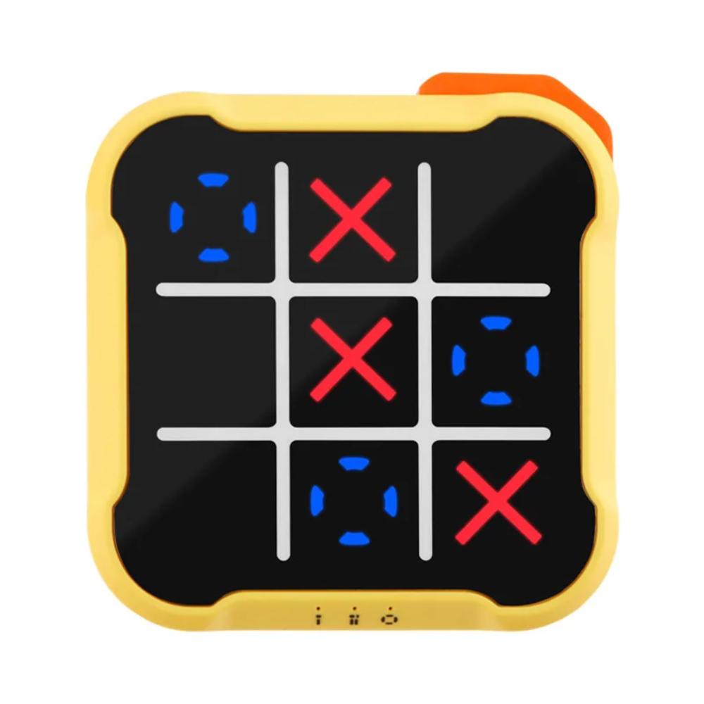 Close-up of bright yellow & orange electronic Tic-Tac-Toe game. Compact, fun for travel.
