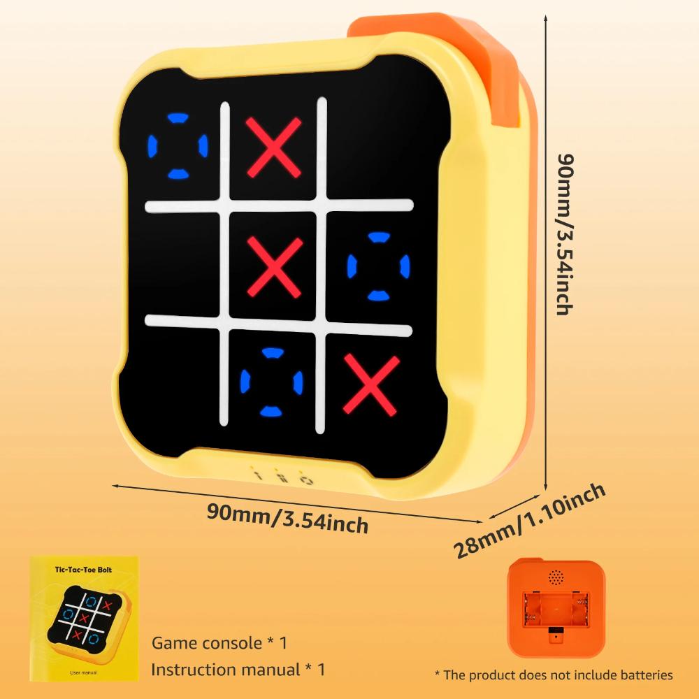Electronic Tic-Tac-Toe strategy game. Portable yellow & orange puzzle for family fun & brain training.