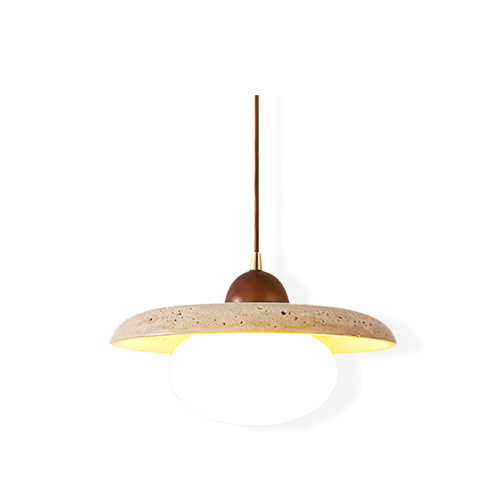 Yellow travertine & walnut pendant light, perfect modern ceiling lamp for dining rooms.