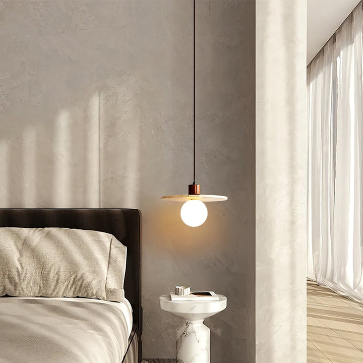 Premium yellow travertine and walnut wood pendant lamp, perfect for contemporary interior lighting.