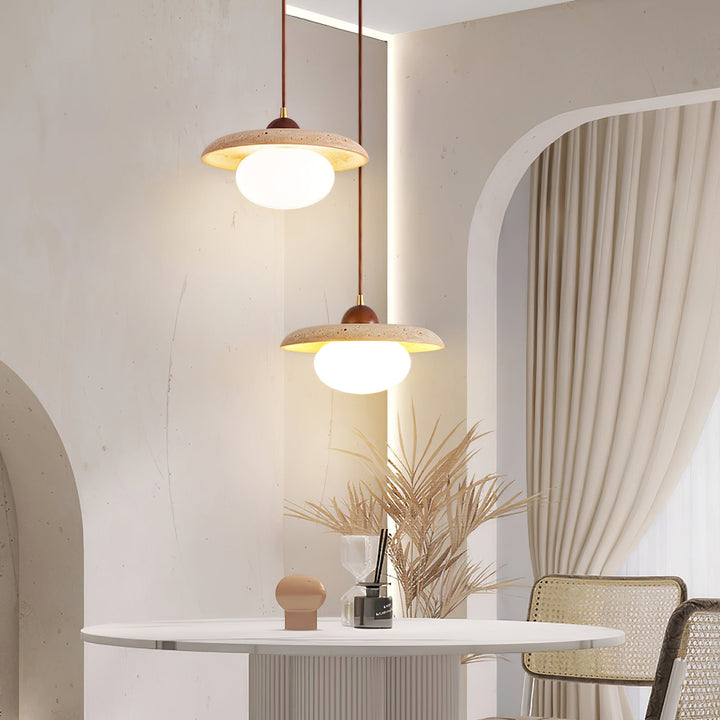 Modern home decor: yellow travertine & walnut pendant light, ideal for kitchen island illumination.