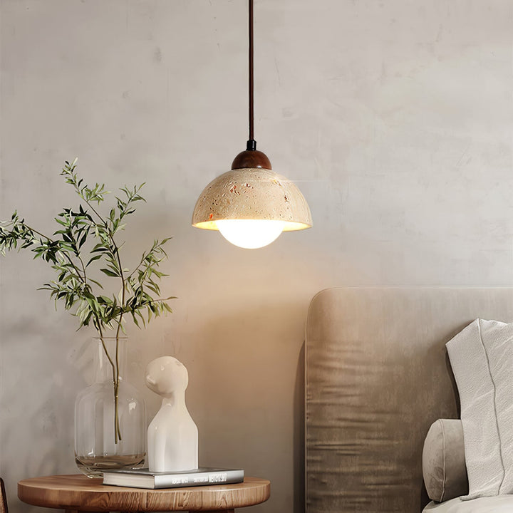 Minimalist yellow travertine & walnut pendant lamp, perfect natural stone piece for modern homes.