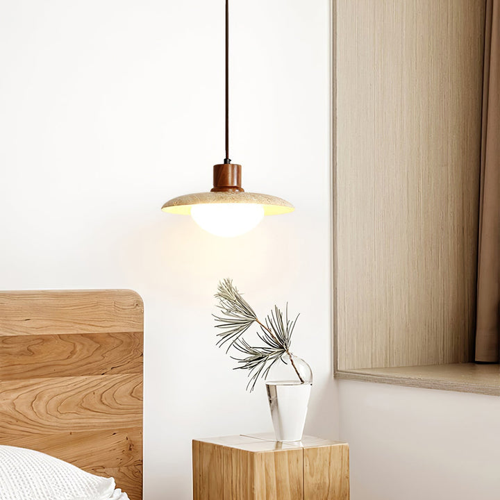 Sculptural modern pendant lamp: yellow travertine stone paired with elegant walnut wood.
