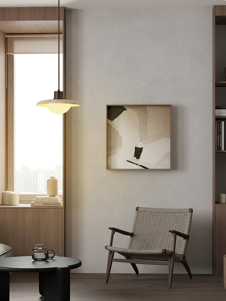 Natural stone pendant light, yellow travertine with walnut details, ideal for a modern kitchen.