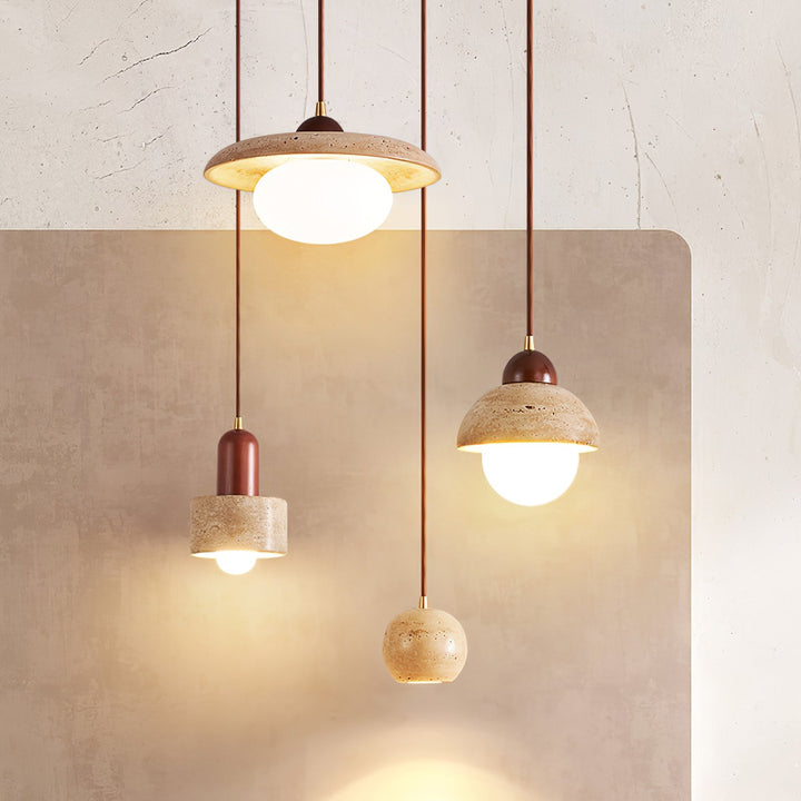 Modern yellow travertine and walnut wood pendant lamp for kitchen island lighting.