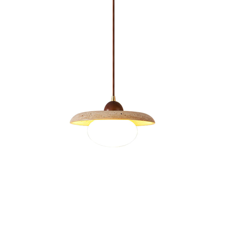 Contemporary kitchen island pendant light: yellow travertine & walnut, natural stone design.