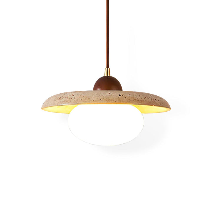 Modern dining room lighting: yellow travertine and walnut wood pendant lamp, premium quality.