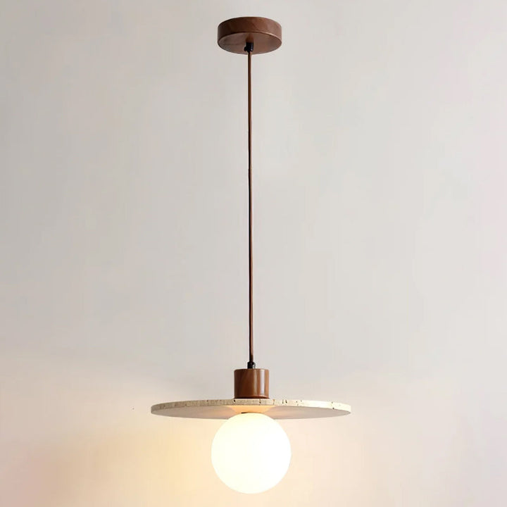 Sculptural design yellow travertine & walnut pendant light, a statement piece for modern decor.