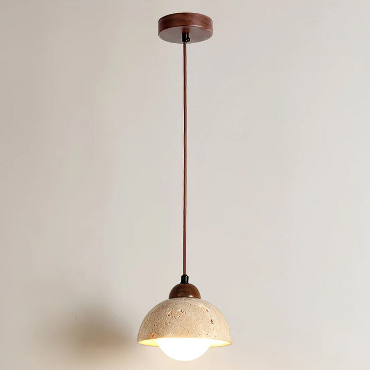 Natural yellow travertine and walnut wood pendant light, perfect for sleek modern interiors.