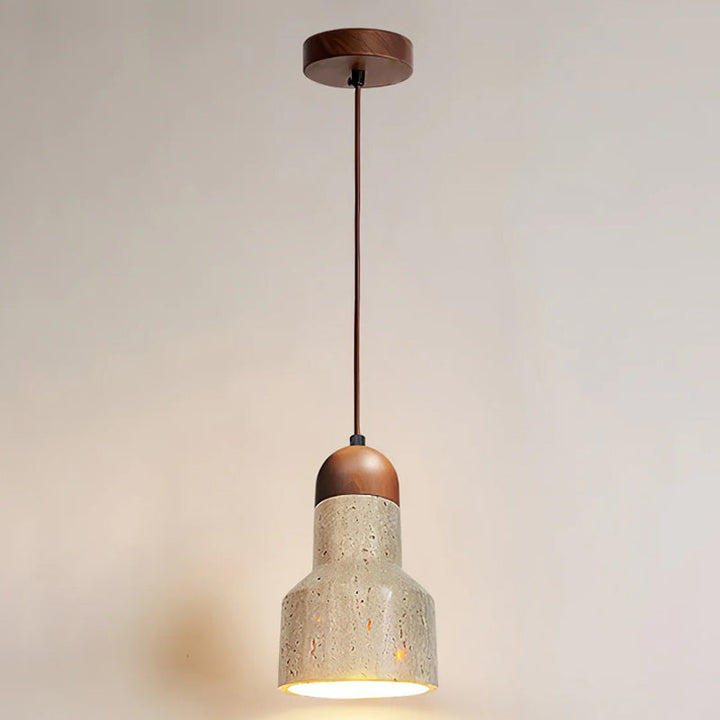 Modern pendant lamp with warm yellow travertine & rich walnut, offering ambient home lighting.