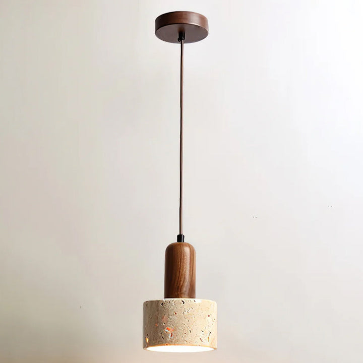 Chic yellow travertine & walnut pendant light, a contemporary ceiling fixture for modern homes.