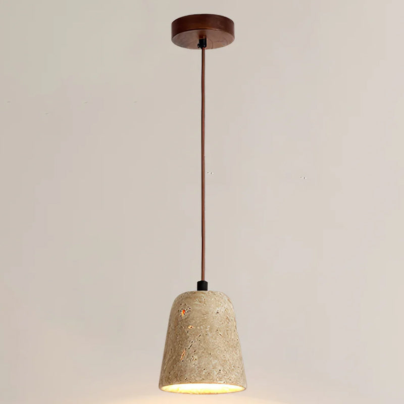 High-quality yellow travertine & walnut pendant, ideal natural stone lamp for dining or kitchen.