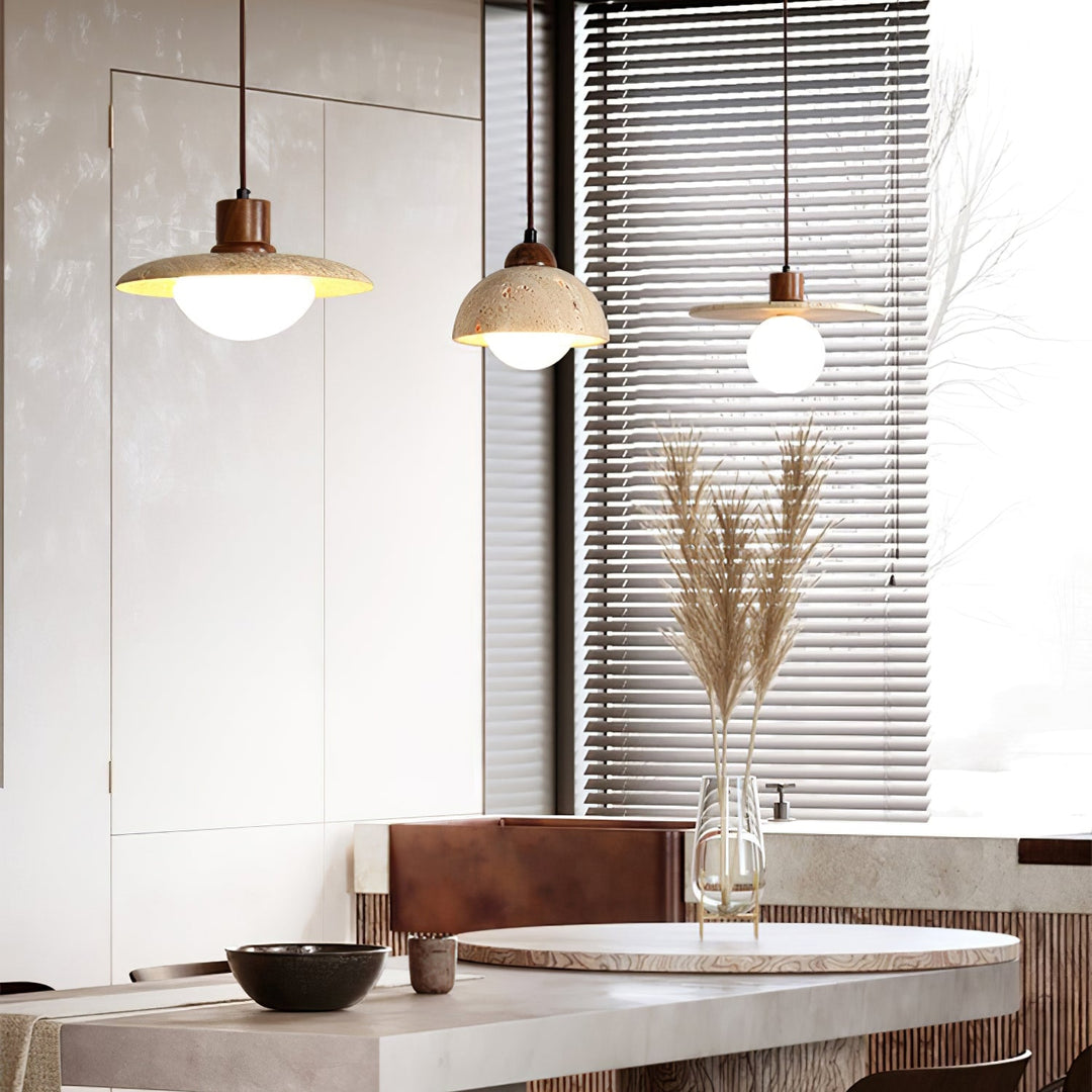 Sculptural pendant light with natural yellow travertine & walnut wood for modern homes.