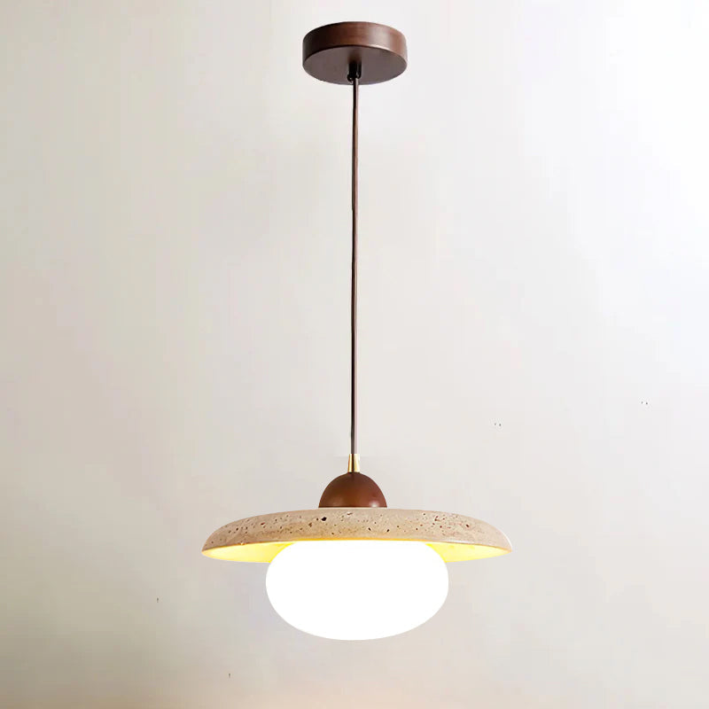 Modern home accent: yellow travertine & walnut pendant light, adding natural elegance and style.