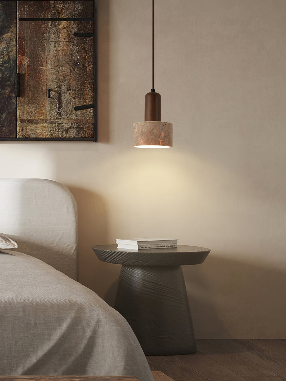 Contemporary ceiling lamp: yellow travertine stone and walnut wood, a unique home decor piece.