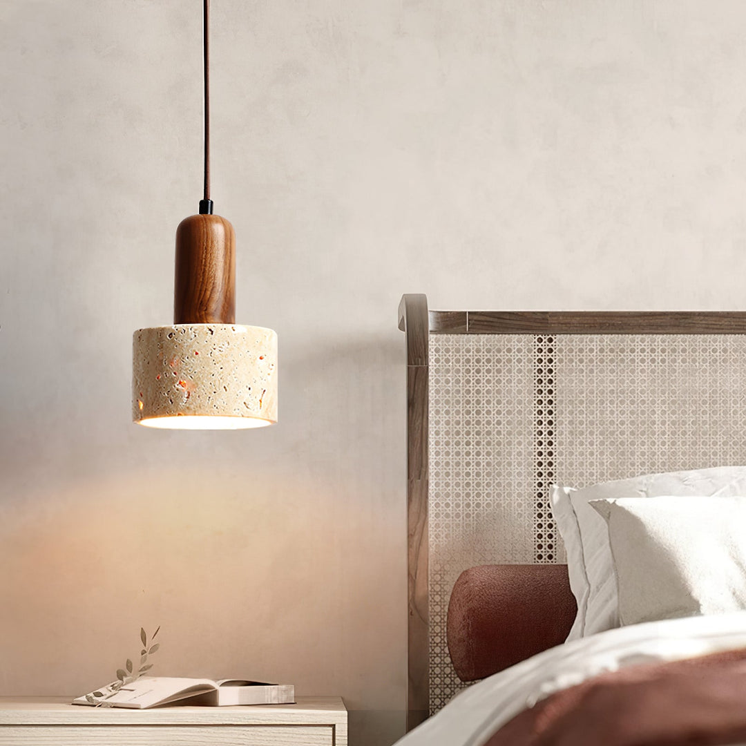 Stylish modern pendant lamp featuring yellow travertine and warm walnut wood, great for interiors.