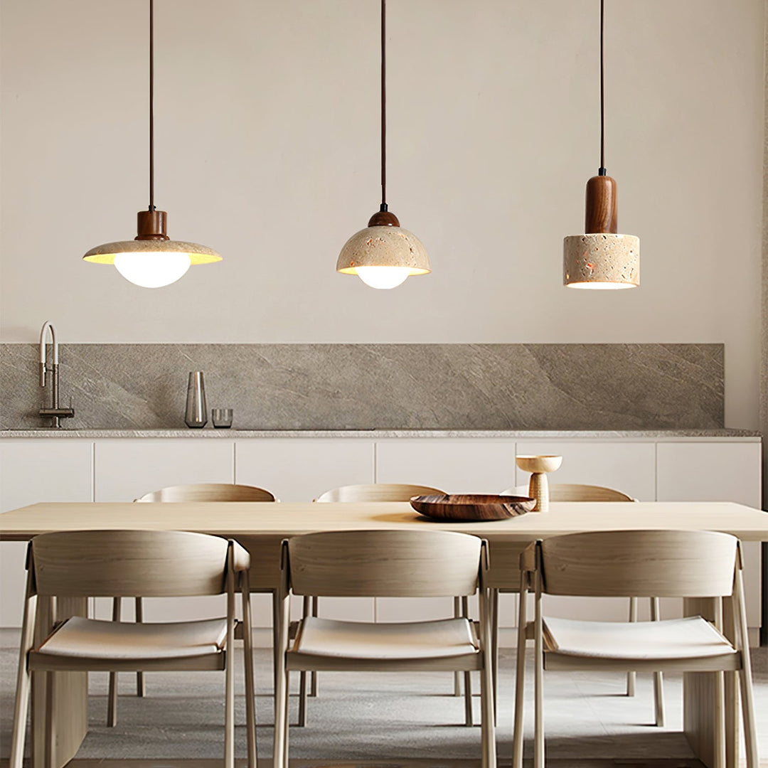 Natural stone yellow travertine & walnut pendant light, bringing modern style to dining spaces.