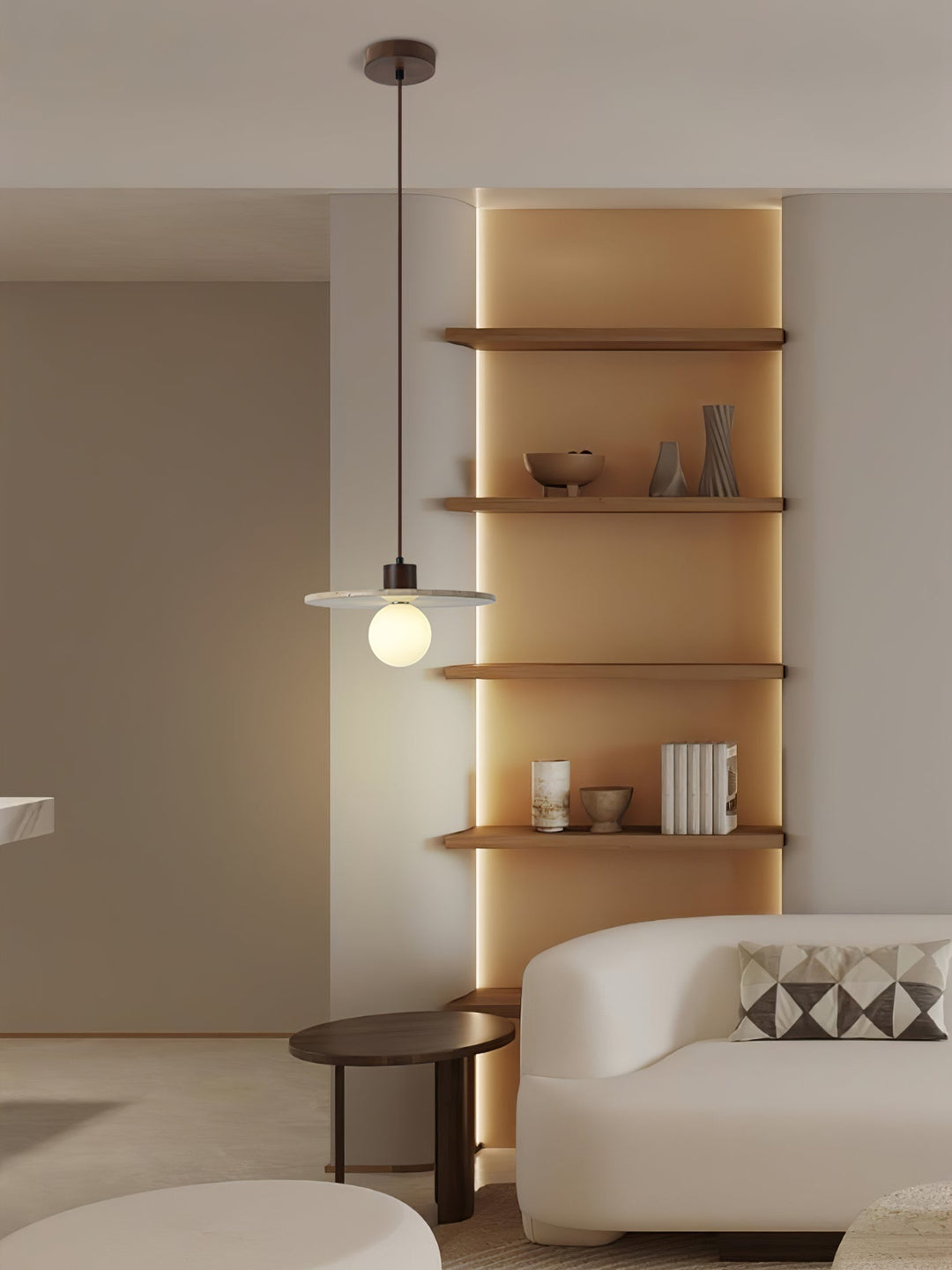 Unique sculptural pendant lamp combining yellow travertine & walnut wood, excellent for modern decor.