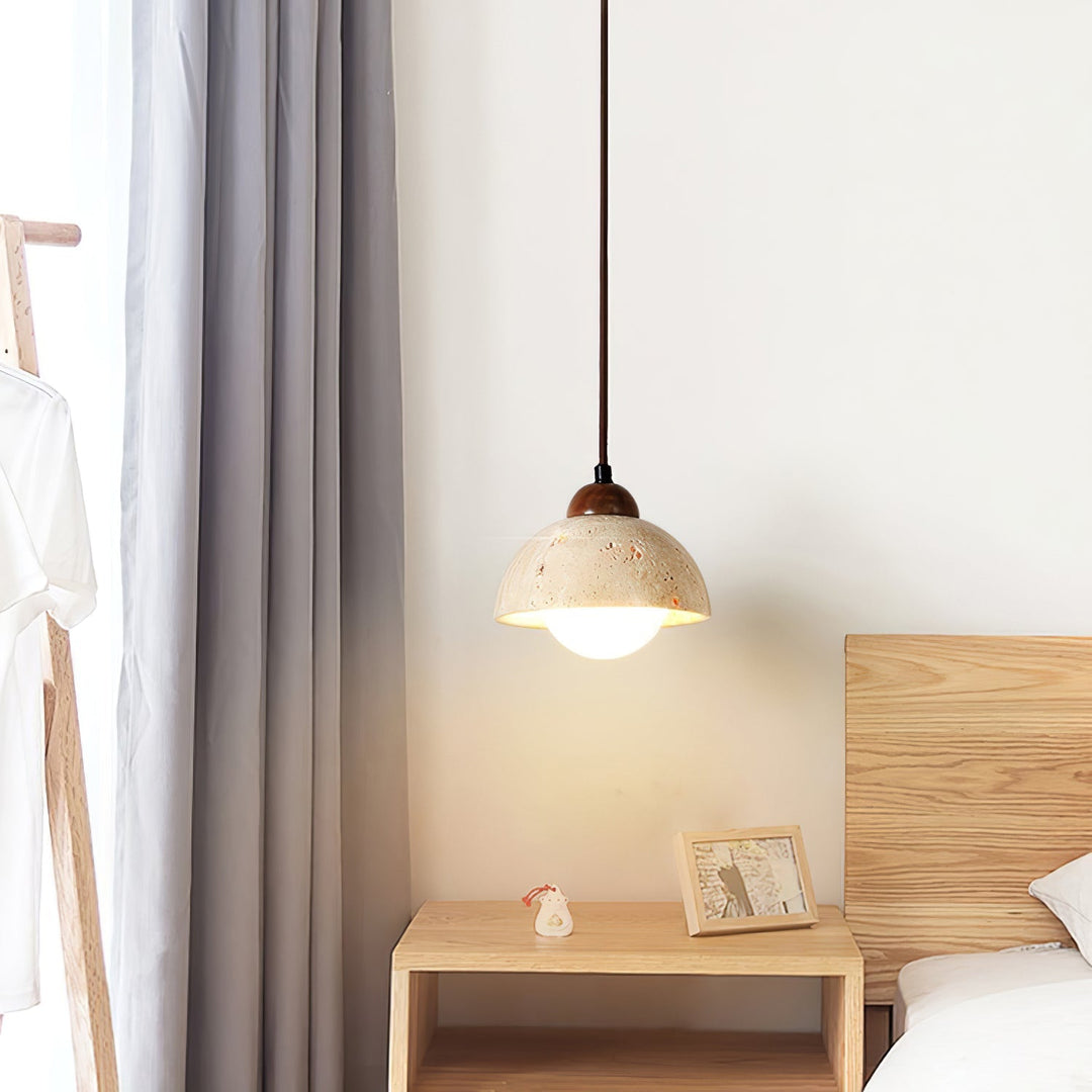 Handcrafted yellow travertine & walnut pendant light, a sleek modern ceiling fixture.