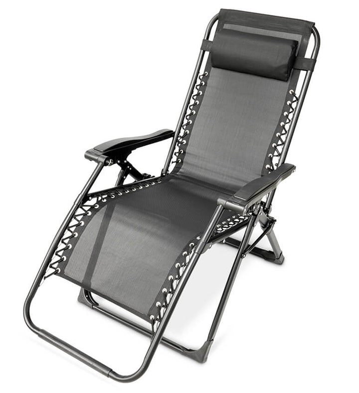 Zero Gravity Folding Recliner Chair with adjustable headrest for outdoor relaxation.