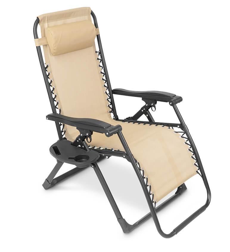 Camping zero gravity chair, portable and foldable with a comfy adjustable headrest.