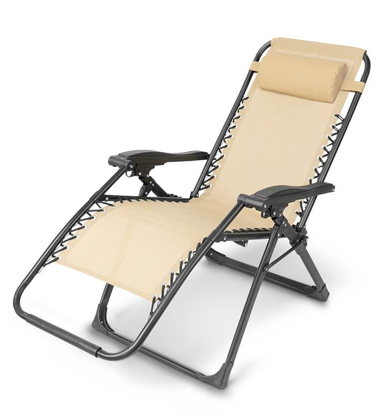 Foldable zero gravity lounge chair with adjustable headrest, great for camping trips.