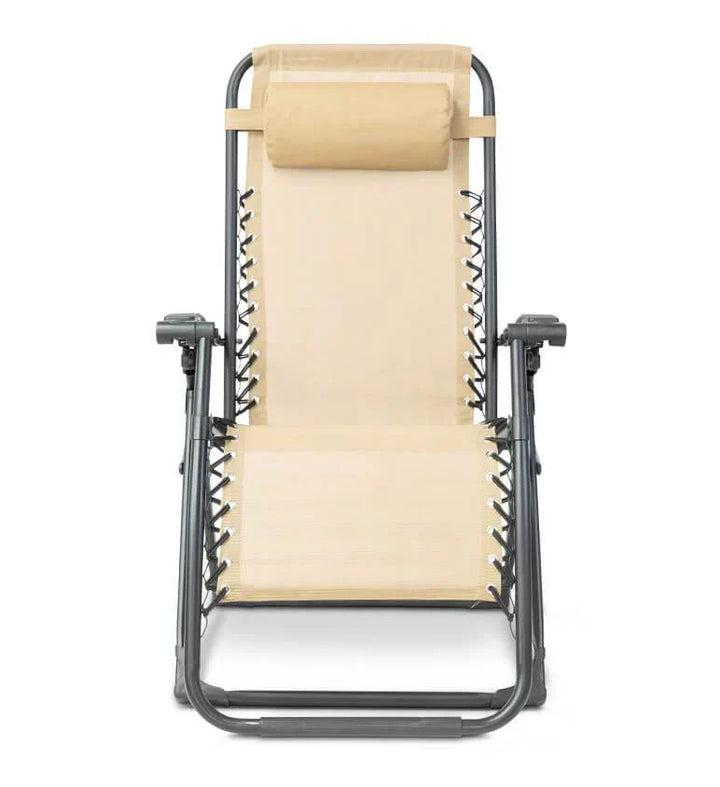 Modern zero gravity outdoor recliner, lightweight and foldable for easy transport.