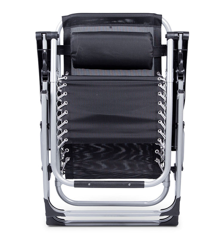 Garden zero gravity chair, a foldable outdoor recliner with an adjustable headrest.